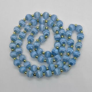 Vintage Jewelry Silk Thread Wrapped Light Baby Blue & Gold Tone Beaded Necklace