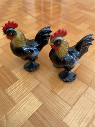 Two Small Vintage Mini Porcelain Rooster Figurine 2 1/4 Inches Tall