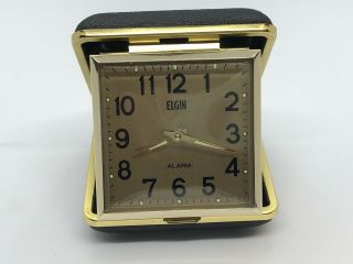 Vintage Elgin Travel Alarm Clock Japan Black Clam Case Wind Up No.  8324