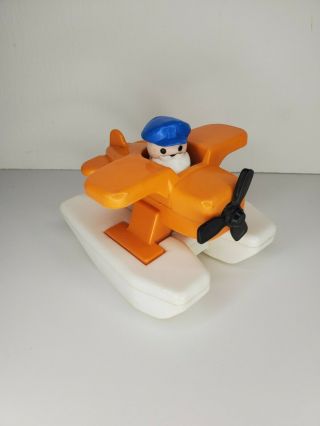 Vintage Fisher Price Little People Orange White Floating Sea Plane - Blue Cap Guy