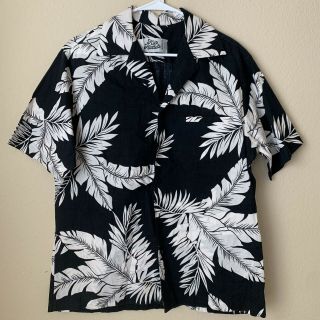 Vintage Hilo Hattie Hawaiian Aloha Black White Leaves Shirt Size Large