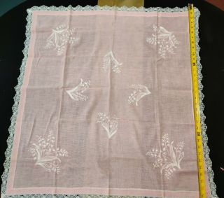 Vintage Linen Tablecloth Hand Embroidered Pink Blue Flowers Shabby Chic Farmhous