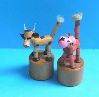 2 X Vintage Italy Cow Monkey Push Puppet Press Up Button Wakouwa Novelty Toy
