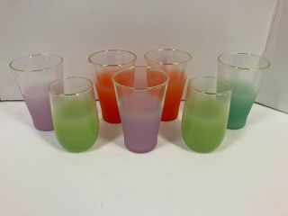 Set Of 7 Vintage Mcm Blendo Juice Drinking Glasses Orange Green Purple Teal