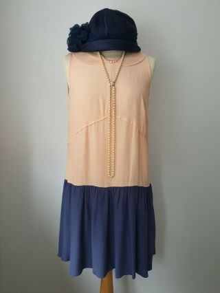 Vintage 1920s Flapper Style Peach Blue Drop Waist Charleston Party Dress Size 10