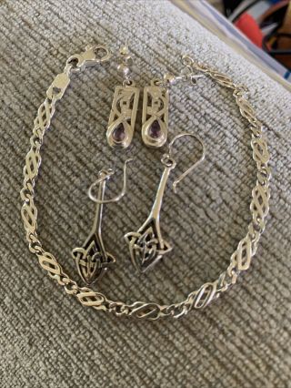 3 X Vintage.  925 Sterling Silver Celtic Earrings And Bracelet Inc Ibb Amethyst