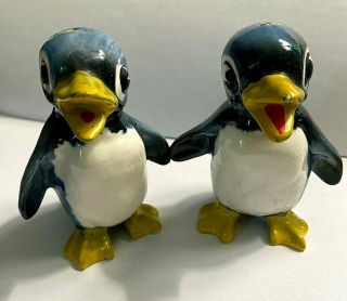 Vtg Kreiss Penguins Salt Pepper Shakers Blue Yellow Japan Hand Painted Big Eyes
