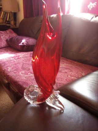 Vintage Murano Fish Shaped Hand Blown Glass Vase,  Red And Clear.