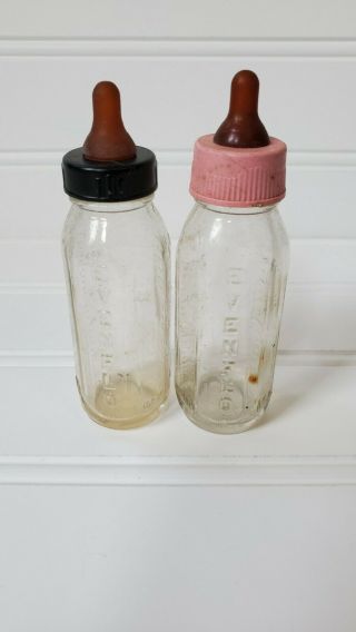 2 Vintage 1950s Or 1960s Evenflo 3” Glass Baby Doll Bottle With Nipple And Cap