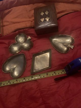 Rare Vintage Brass Dish Set - Playing Card Suits.  Plus A Brass Inlaid Card Box
