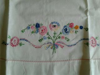 2 Vintage White Cotton Pillowcases Set Dainty Hand Embroidered Pastel Floral