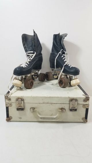 Vintage Riedell Black Leather Roller Skates Size 6 W/ Carrying Case