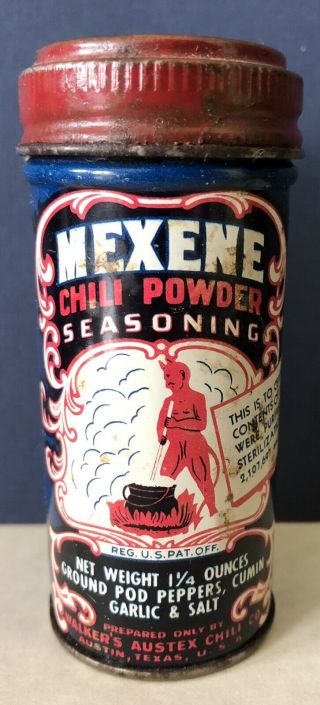 Vintage Mexene Advertising Chili Powder Tin Devil Graphics Austin Texas 1 - 1/4 Oz