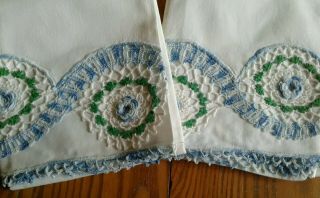 2 Vintage White Cotton Pillowcases Set Hand Crocheted Green & Blue Floral