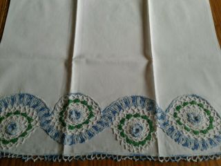 2 Vintage White Cotton Pillowcases Set Hand Crocheted Green & Blue Floral 2