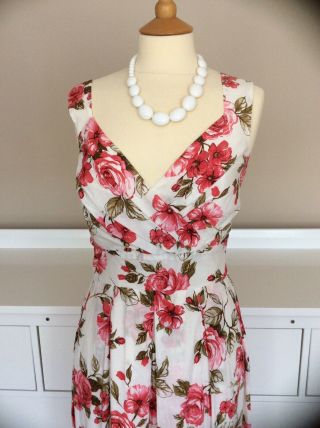 Vintage 50’s Style Dress Size 16 White Pink Rose Print Cotton