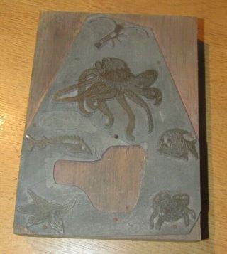 Vintage Print Making Stamp Metal Plate Sea Creatures Design Ink Printing Block