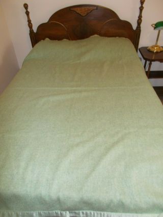 Vintage Kenwood Wool Products Blanket Green Satin Trim Standard