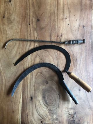 Vintage Metal Cast Iron Sickles Scythe And Hook With Handle