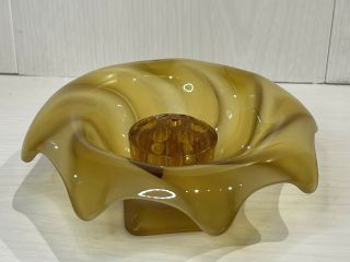 Vintage Art Deco Bagley Glass Equinox Vase With Glass Flower Frog Amber