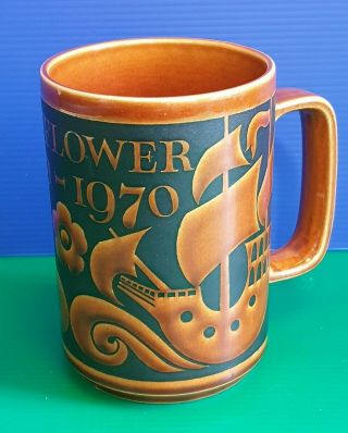 Vintage 1970s Hornsea Large Brown Ceramic Mug.  Mayflower Tercentenary