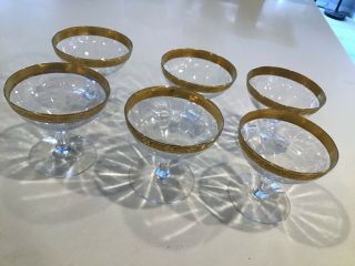 Vtg Cocktail Champagne Champagne/sherbert Etched Glasses Wide Gold Rim Set 6
