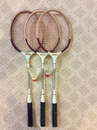 Vintage Wilson Badminton Rackets Three Wooden Head Two Shuttlecocks