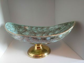 Vtg Handpainted Delftware Holland Blue/green/turquoise Oval Brass Pedestal Dish