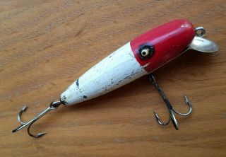 Vtg South Bend Wooden Fishing Lure White Body / Red Head Glass Eyes 3.  25 "