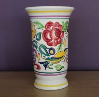 Vintage Poole Pottery Vase Yellow Bird Blue Cockerel Le Pattern 7½ In.  / 19.  5cm