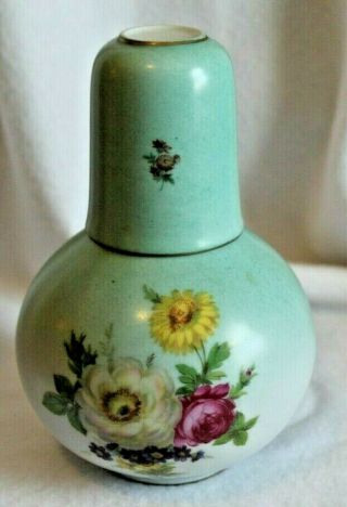 Green Satin Hand Painted Tumble Up Decanter And Glass With Flowers,  Gold Trim