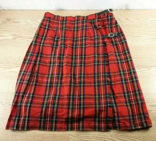 Vintage Pure Wool Made In Scotland Tartan Kilt Skirt 26in.  Red Blue Yellow Plaid