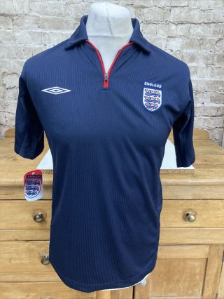 Vintage Umbro England Football Top Polo T Shirt Mens Small Navy Blue Jersey Bnwt
