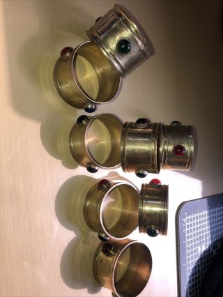 Eight Vintage Arts & Crafts Brass Napkin Rings Set With Glass Cabouchon Stones 2