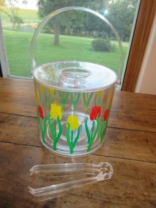 Vtg Clear Lucite Ice Bucket,  Liner,  & Tongs - Tulip Design Euc