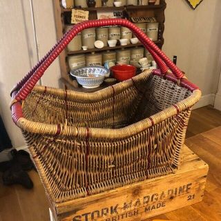Vintage Wicker Shopping Basket – Red Plastic Trim – Great Shape – Kitchenalia