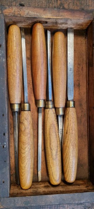 Vintage Wood Carving Turning Chisels In Wooden Box For Restoration
