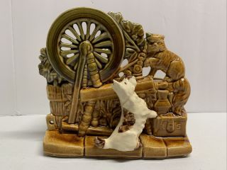 Vintage Mcm Mccoy Spinning Wheel Ceramic Planter Pottery Scottie Terrier Dog Cat
