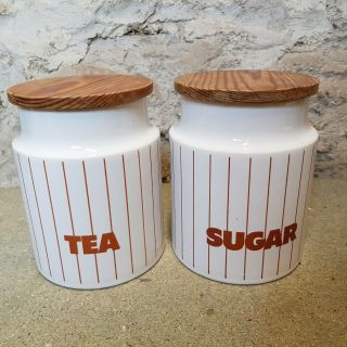 Vintage Hornsea Pottery Tea & Sugar Ceramic Storage Containers Wood Lids Retro