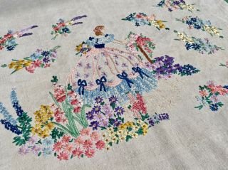 Vintage Antique Linen - Crinoline Lady Fabric Panel Embroidered Craft Repurpose