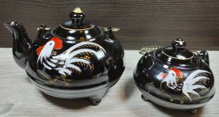 Vintage Black Footed Redware Hand Painted Rooster Teapot Set Of 2 Metal Handles