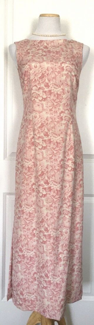 Vintage Laura Ashley Sleeveless Ivory Pink Floral Silk Long Sheath Dress Slits 6