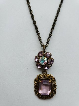 Vtg Signed Liz Palacios S.  F Prong - Set Crystal Flower Antique Brass Necklace Euc
