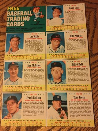 1963 Post Cereal Baseball Uncut 7 Card Panel - Norm Cash,  Milt Pappas Plus More