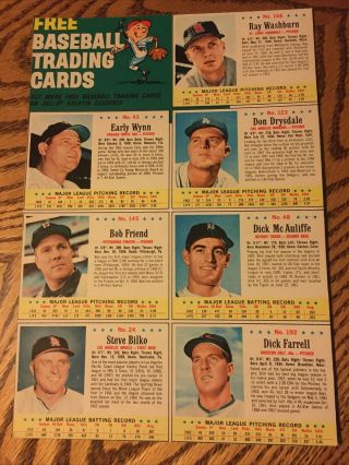 1963 Post Cereal Baseball Uncut 7 Card Panel Don Drysdale,  Early Wynn Plus More