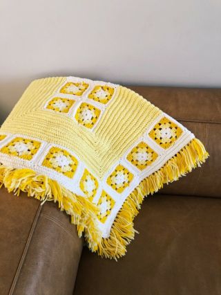 Vintage Crochet Granny Square Yellow White Afghan Throw Baby Blanket Boho