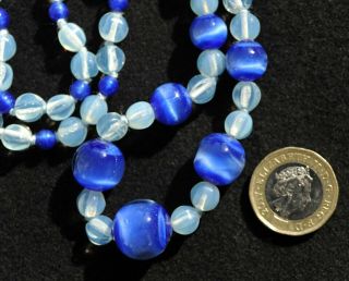 Lovely Vintage Necklace Of Opaline Glass Fluted Beads & Cased Glass Blue Beads