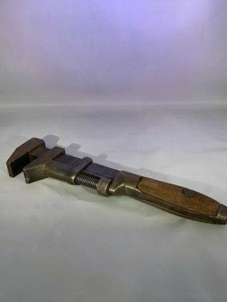 Vintage Adjustable Pipe / Monkey Wrench Tool With Wood Handle
