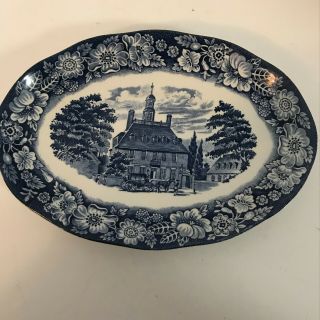 Vintage Liberty Blue Historical Colonial Scenes Oval Dish Plate 5 - 1/2 " X 7 - 3/4 "