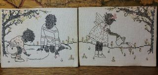 2 Vintage Black Americana African - American Children Embroidery Playing Gardening